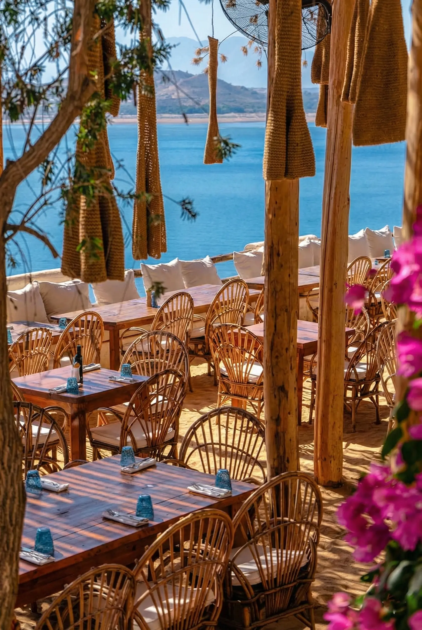 Premium Mediterranean Seafood Dining with Ibiza Vibes at Lake Takerkoust Gourmet Mediterranean seafood cuisine served at our luxury Mykonos-style restaurant near Lake Lalla Takerkoust in Marrakech