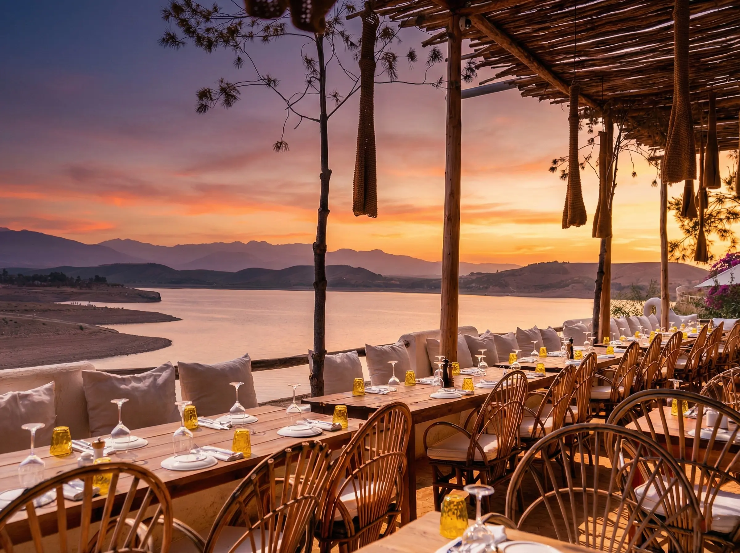 Ibiza-Style Sunset Cocktails Lounge at Lake Takerkoust Premium sunset cocktails at our Ibiza-style lounge bar terrace near Agafay