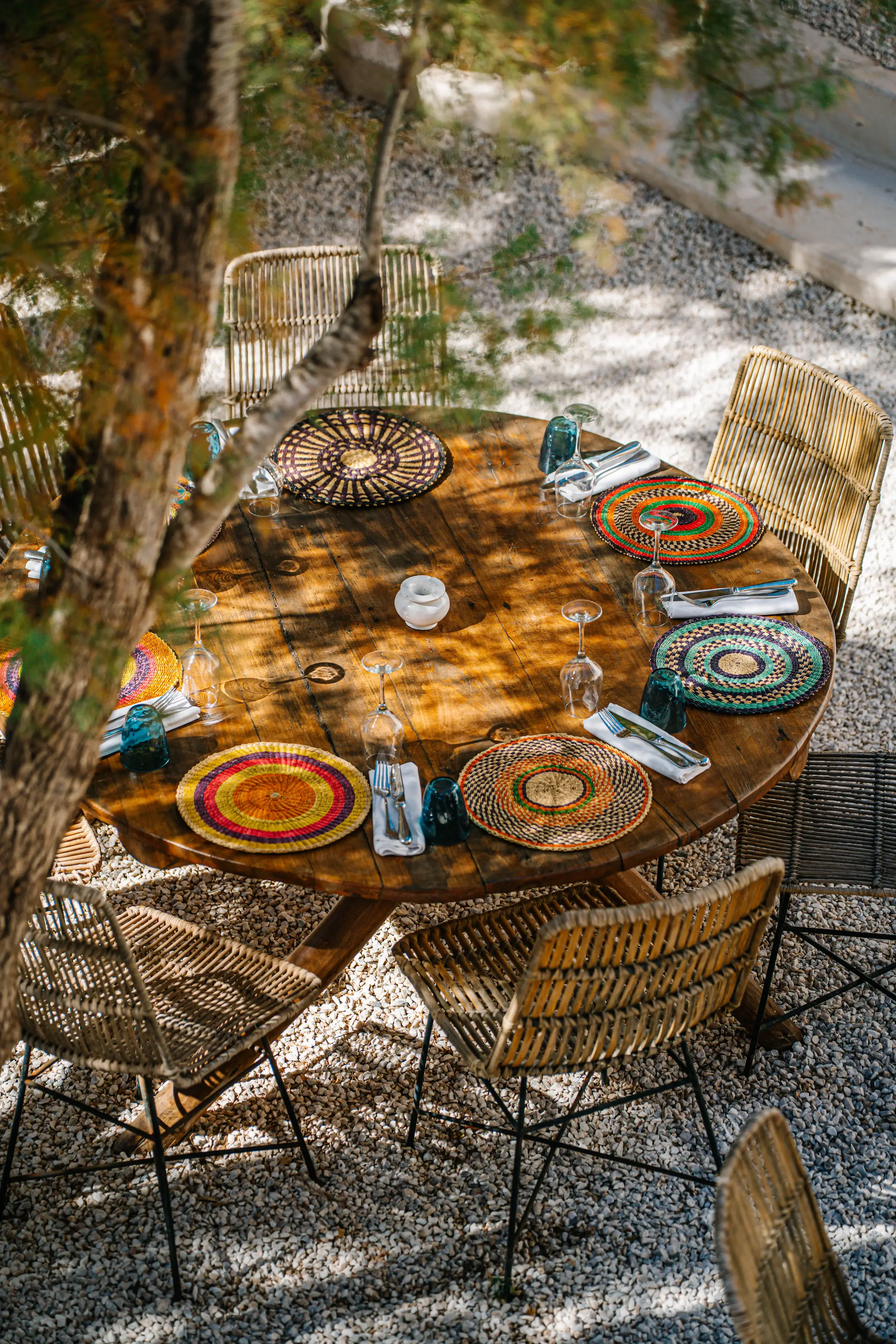 Panoramic terrace view setup for an Agafay wedding and private events, featuring a chic Ibiza Mykonos style atmosphere by the lake