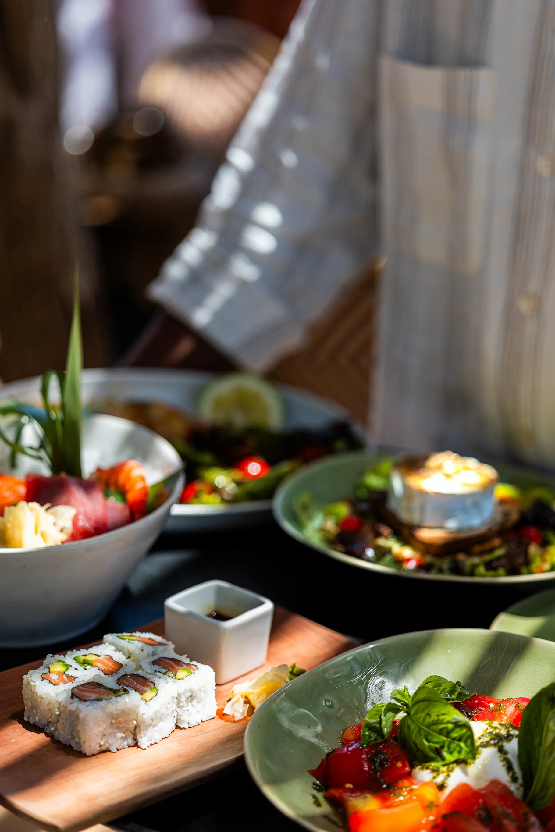 Fresh Mediterranean lunch served on the sunny terrace overlooking Lake Lalla Takerkoust