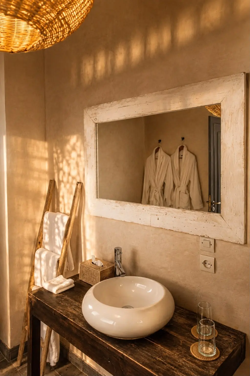 Salle de bain élégante et épurée mettant en valeur des matériaux naturels chaleureux au Casa Lalla.