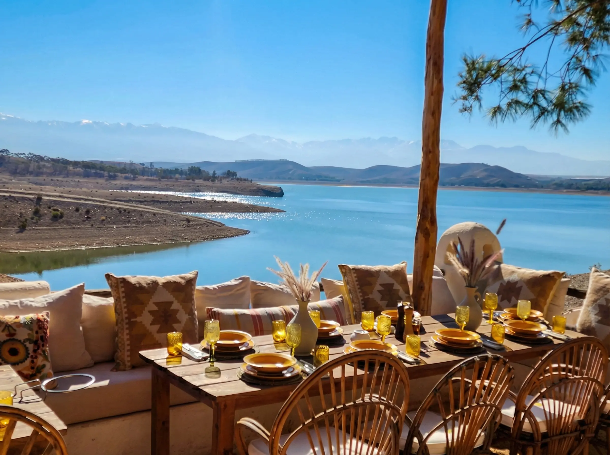 Stunning Mykonos style architecture at our luxury day club oasis overlooking Lake Takerkoust near Marrakech