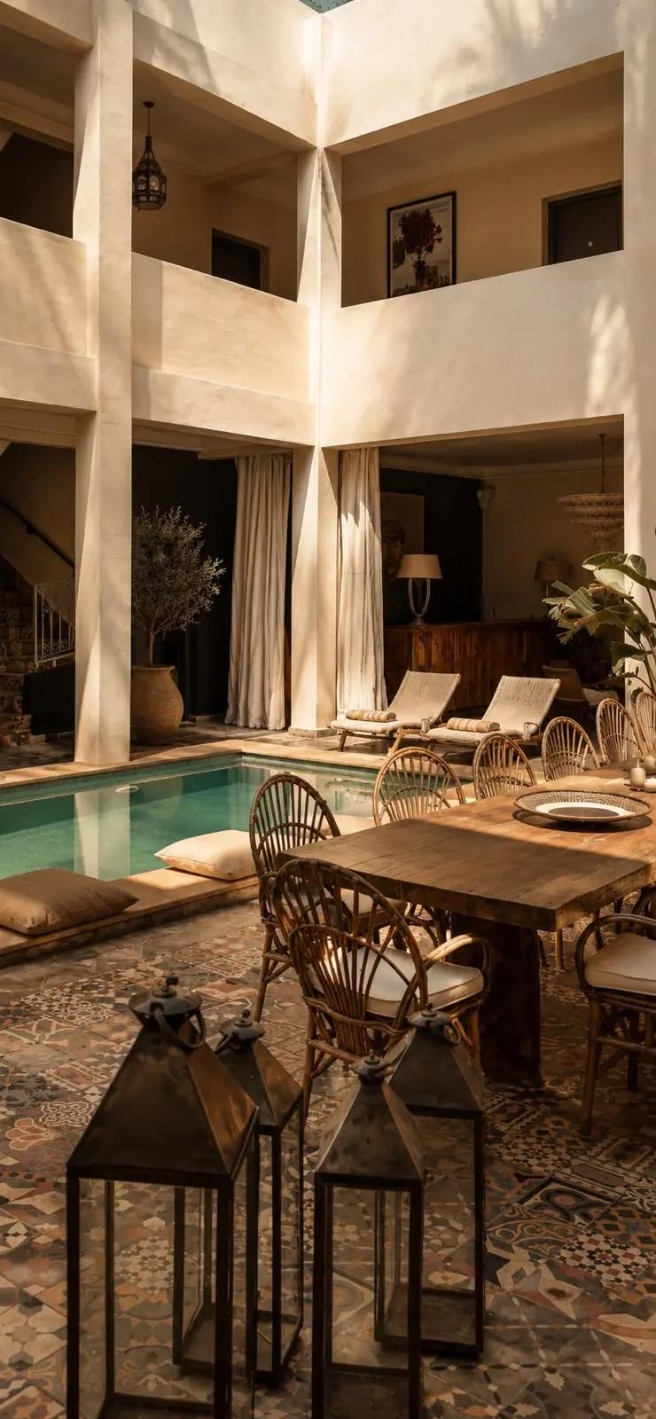 Plush sunbeds aligned by the poolside inviting guests to unwind and slow down.