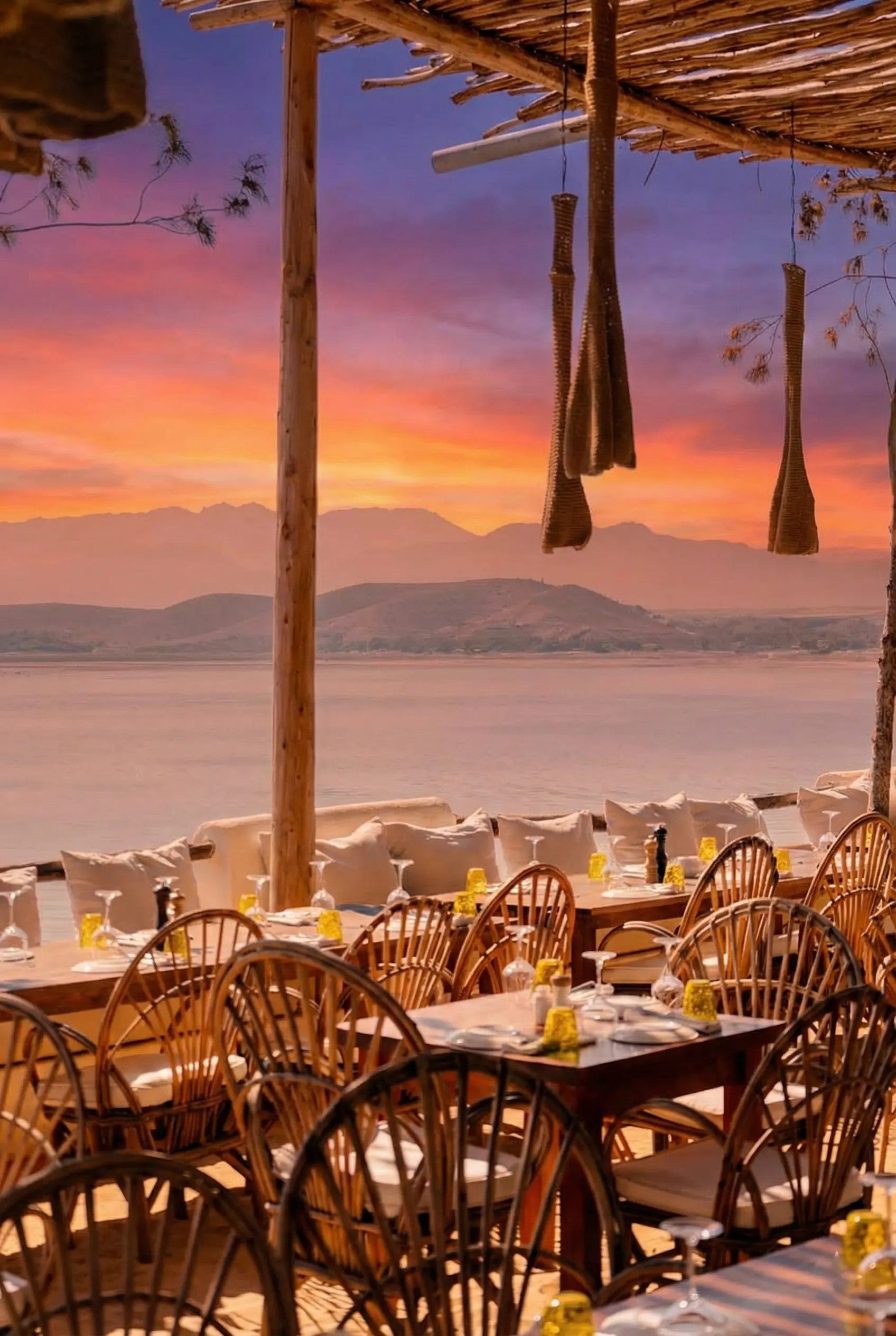 Authentic Moroccan fine dining experience at a chic Ibiza-style restaurant oasis near the Agafay Desert in Marrakech