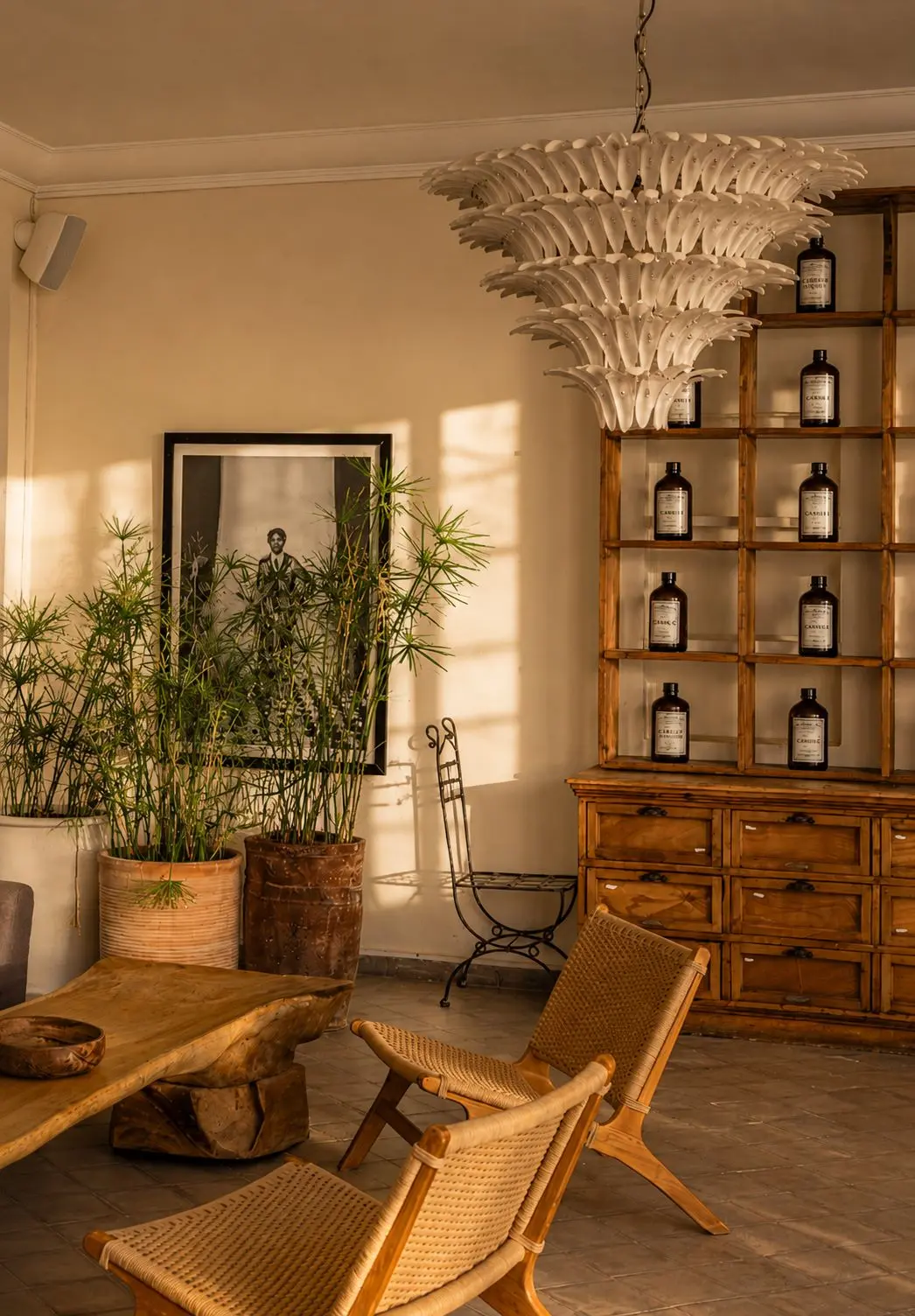 Chambre d'hôtes spacieuse au style rétro-bohème alliant chaleur vintage et élégance discrète.