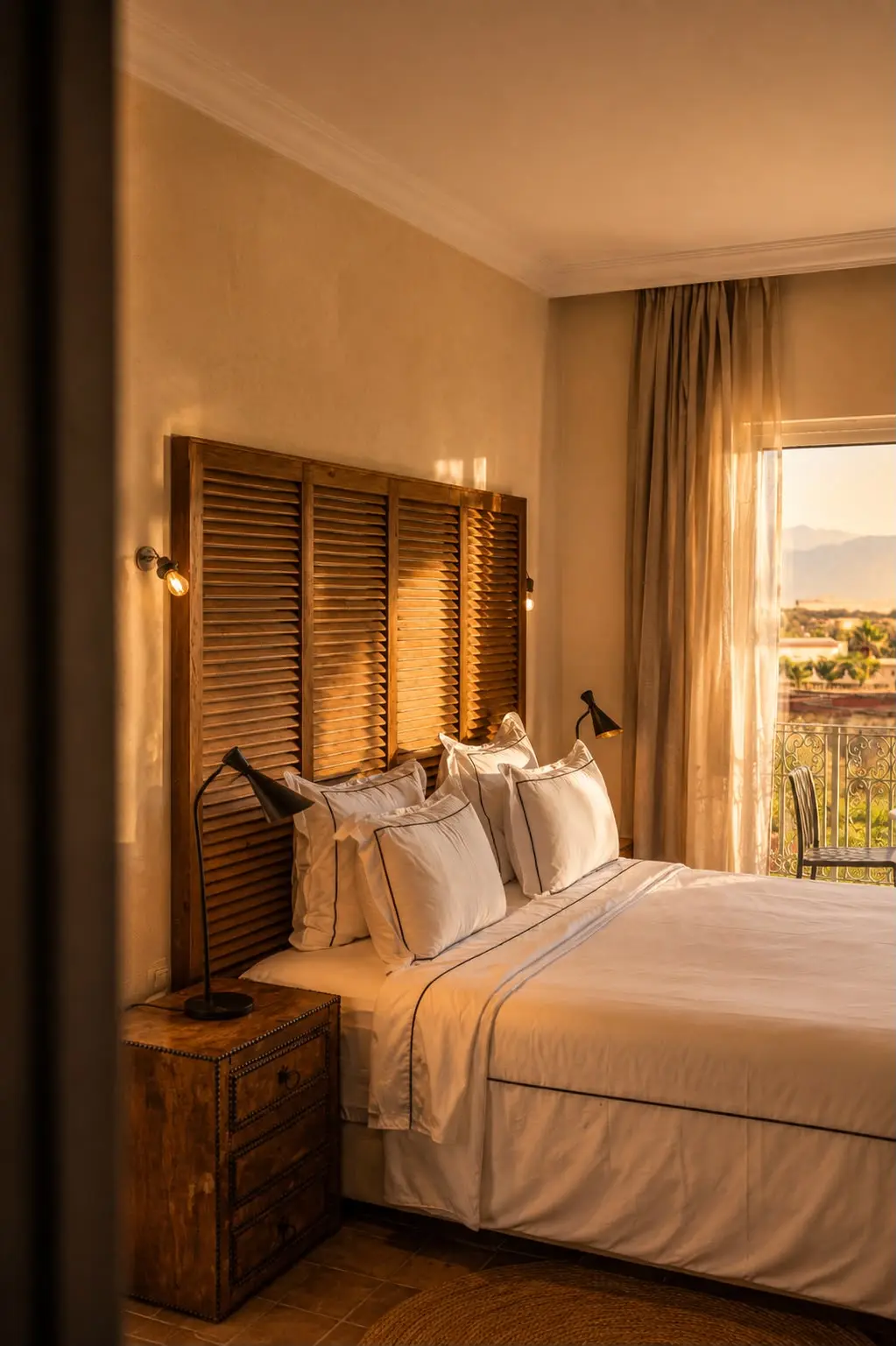 Chambre soigneusement décorée avec des touches marocaines vintage et des textures douces pour un séjour relaxant.